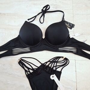 Victoria's Secret Swim Bombshell Push-Up Longline Bikini Strappy 40D Black XXL